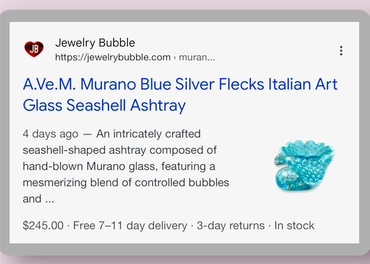 A Masterpiece of Murano Glass: The A.Ve.M. Blue Silver Flecks Seashell Ashtray Jewelry Bubble