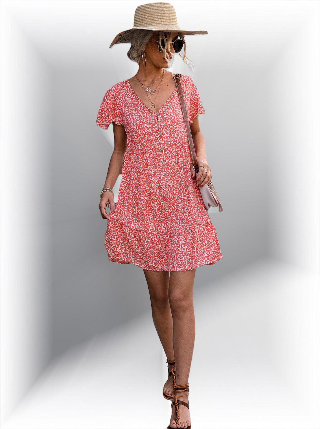 Perfect Spring Look: Floral Buttoned V-Neck Flutter Sleeve Dress Jewelry Bubble