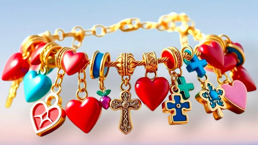 Elegant charm bracelet with gold chains and colorful enamel charms, including hearts and crosses