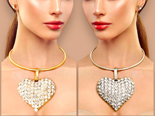 Show-stopping Gold-tone and Silver-tone Chokers with Rhinestone Heart Pendant Sets Jewelry Bubble