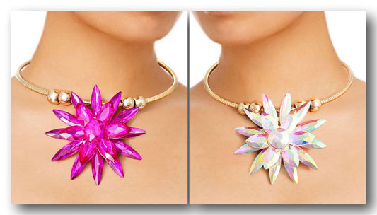 The Power of Color: Introducing the Fuchsia Color Flower Gold Tone Necklace and the Aurora Borealis Flower Gold Tone Necklace Set Jewelry Bubble