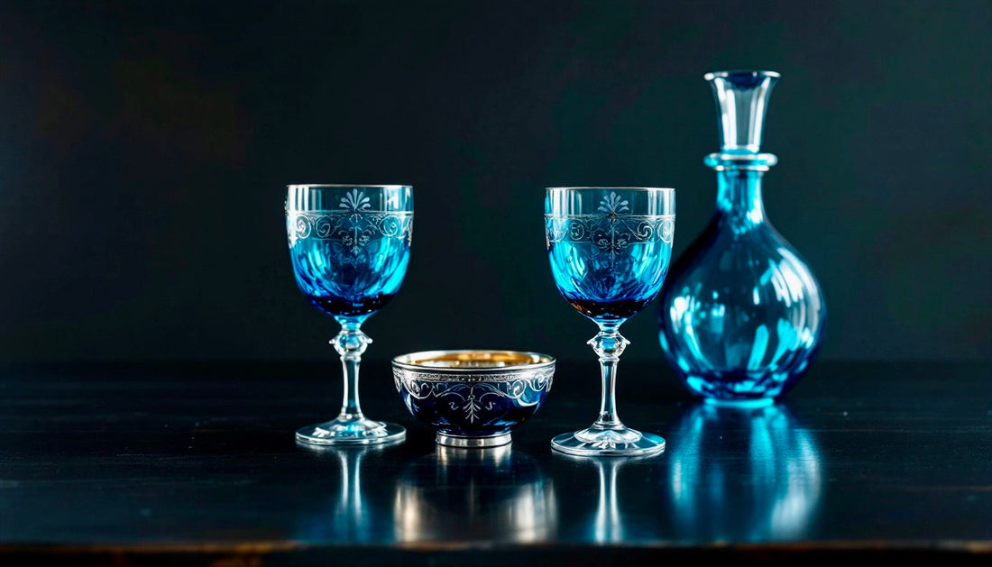 Curated display of vintage Murano glass collection featuring blue glassware with silver overlay, artfully arranged on dark surface