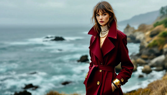 2025 fashion trends: Dark cherry-red trench coat styled with gold jewelry and coastal accessories.