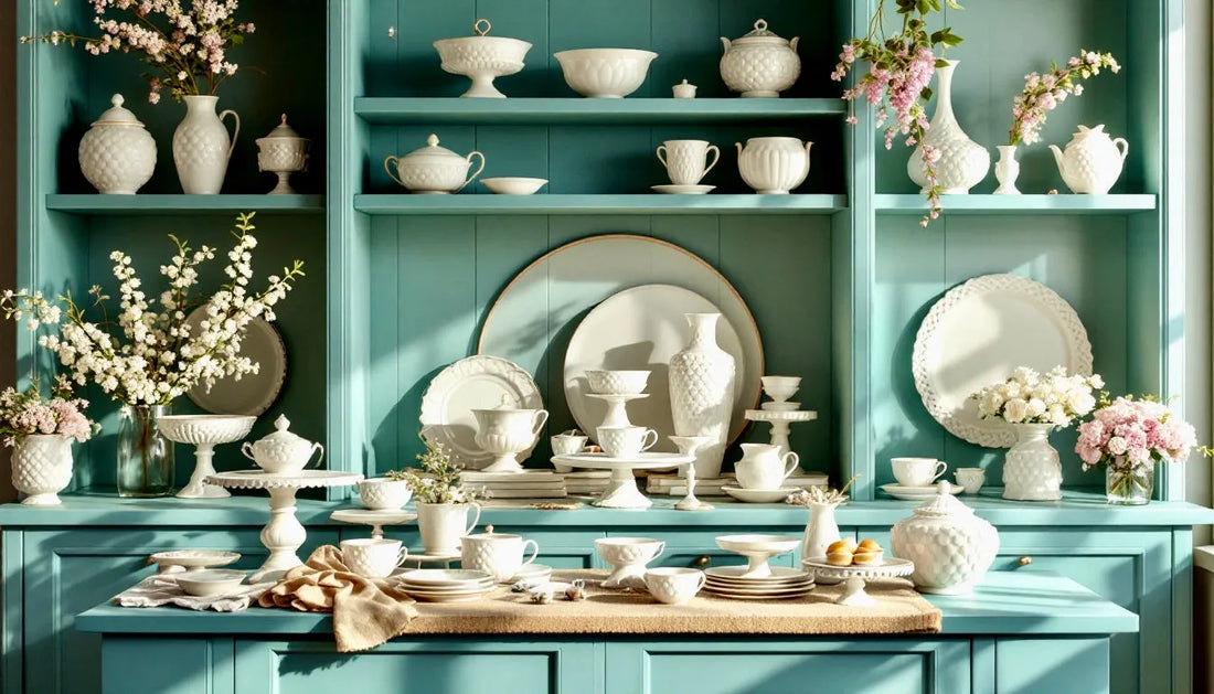 Milk glass vases, bowls, and cake stands, arranged on teal-painted shelves with soft natural lighting to create that timeless vintage-modern aesthetic.