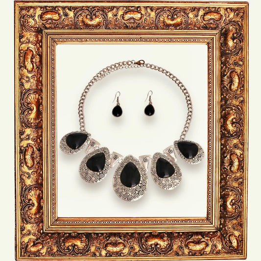 Burnished Silver and Onyx Pendant Necklace with Matching Earrings Set Showcased in a Antique Burnished Gold Frame