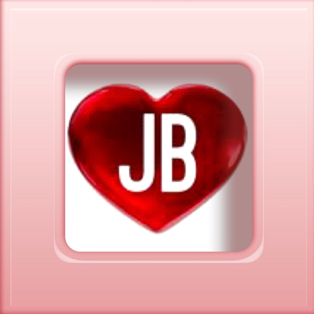 pink square photo frame with a red heart and white cut out initials jb