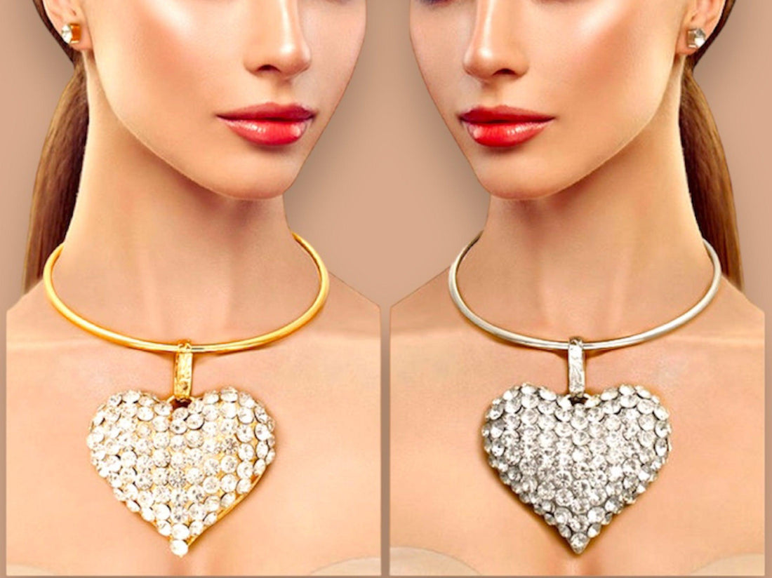 Show-stopping Gold-tone and Silver-tone Chokers with Rhinestone Heart Pendant Sets - Jewelry Bubble