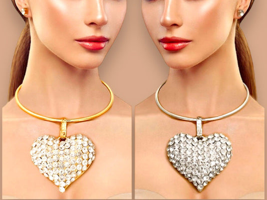 Show-stopping Gold-tone and Silver-tone Chokers with Rhinestone Heart Pendant Sets - Jewelry Bubble