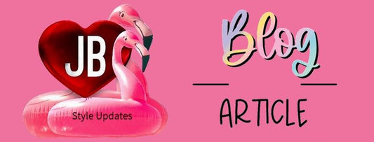 Pink background with 'JB Style Updates' inside a red heart and two flamingos on the left, and 'Blog Article' in colorful text on the right.