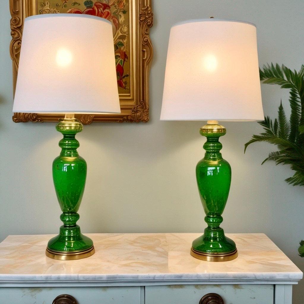 Pair of bottle green vintage Murano glass table lamps