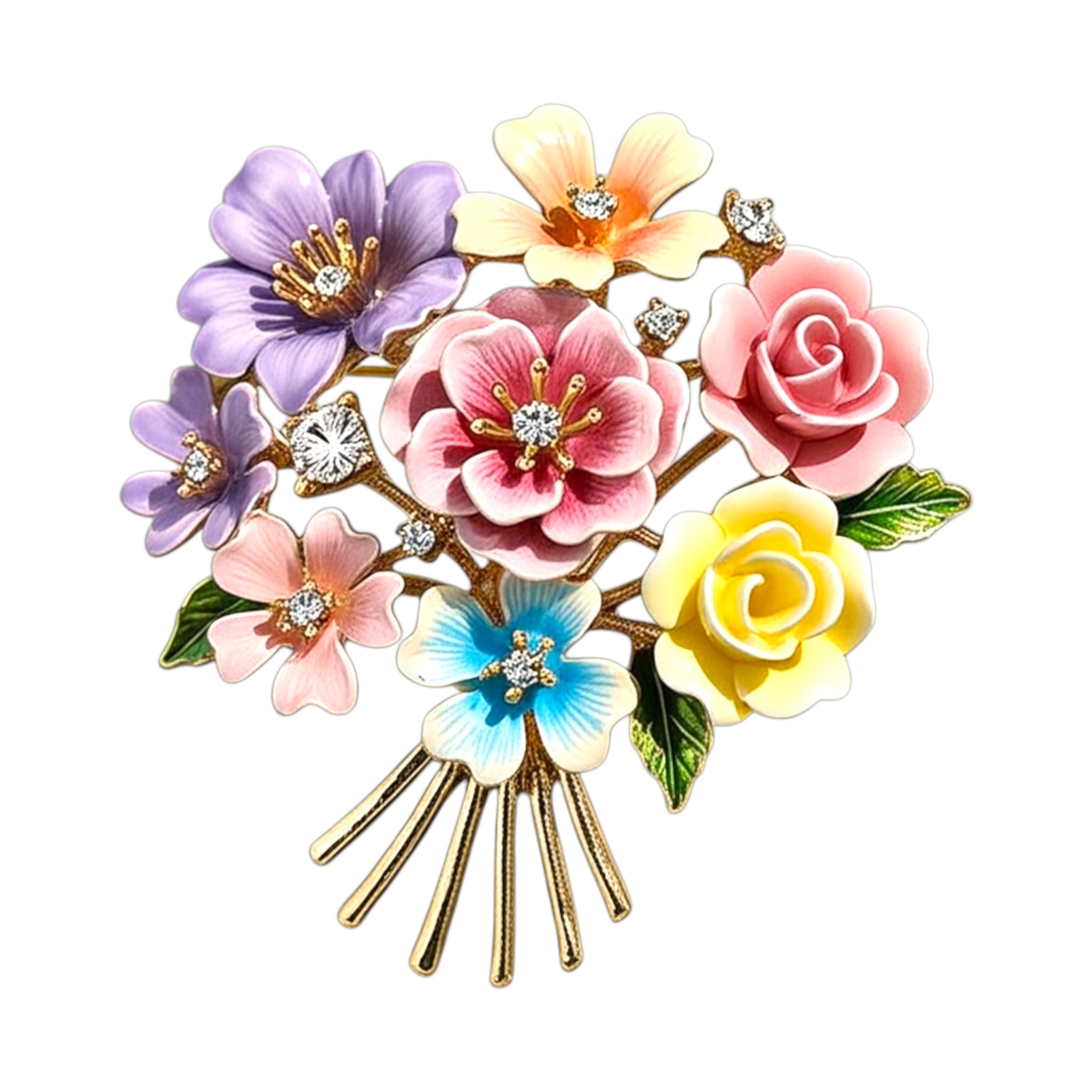 Colorful enamel floral bouquet brooch with sparkling crystal accents in pink, purple, yellow, and blue – Jewelry Bubble brooches collection hero image