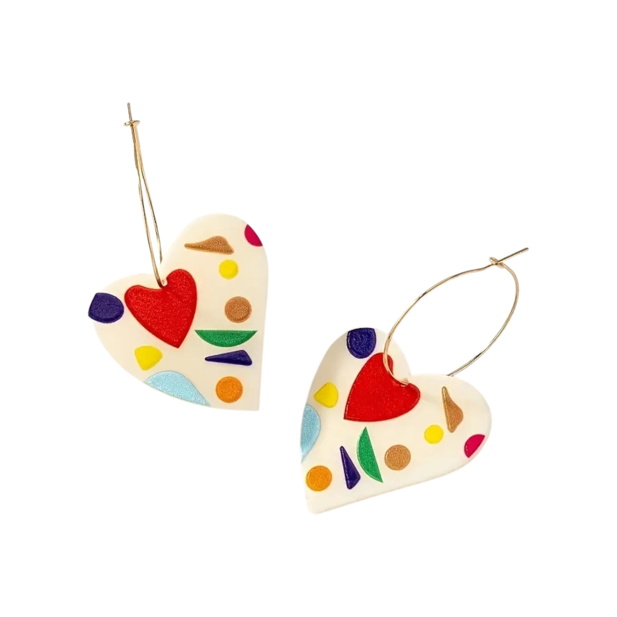 Colorful heart-shaped statement earrings with abstract geometric patterns in red, blue, yellow, green, and purple – Jewelry Bubble earrings collection hero image
