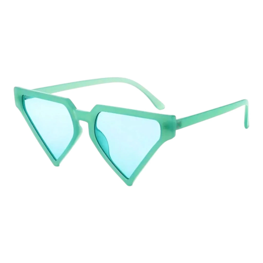 Mint green geometric cat-eye sunglasses with blue-tinted triangle lenses – Jewelry Bubble eyewear collection hero image