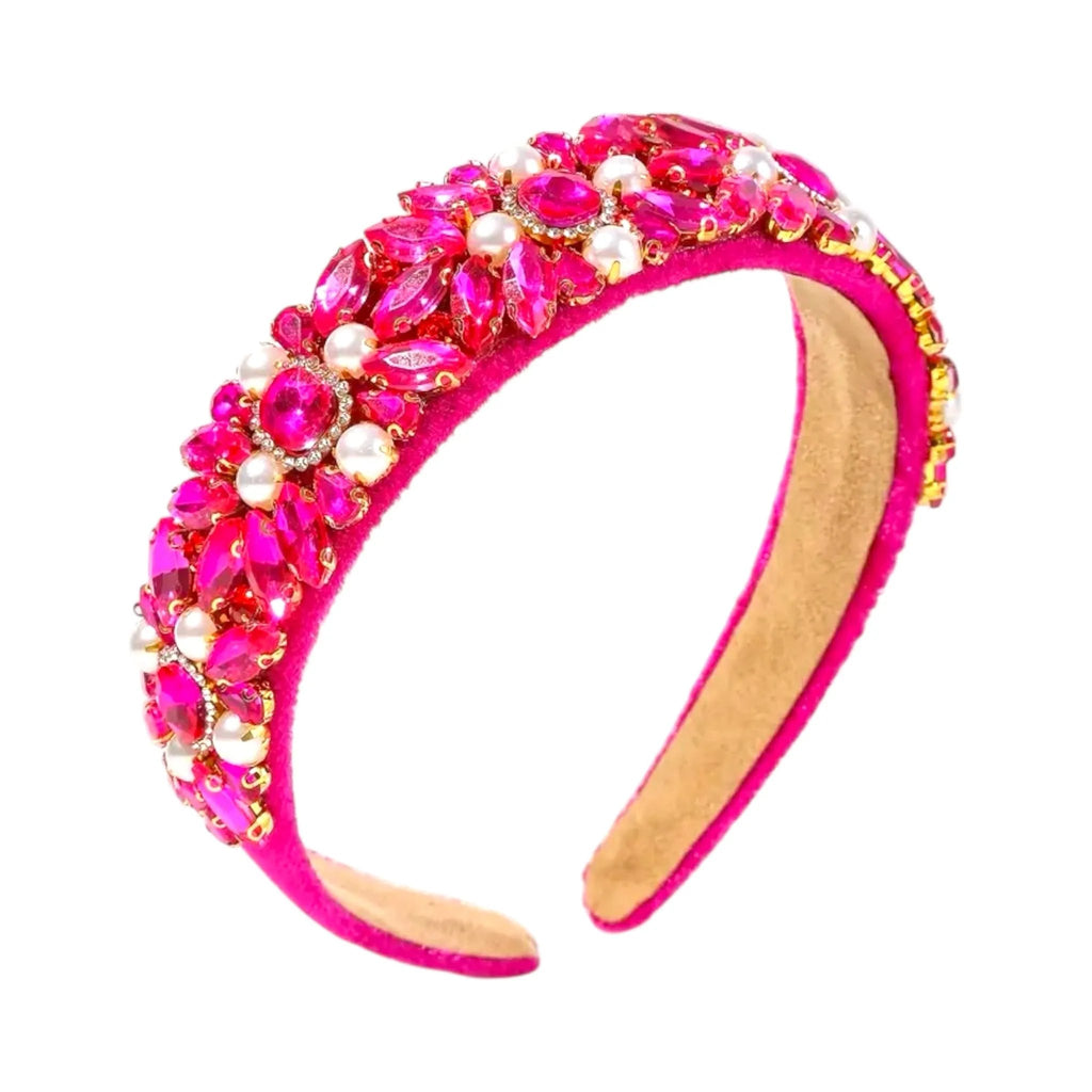 Hot pink velvet padded headband embellished with sparkling fuchsia crystals and pearl accents – Jewelry Bubble hair accessories collection hero image