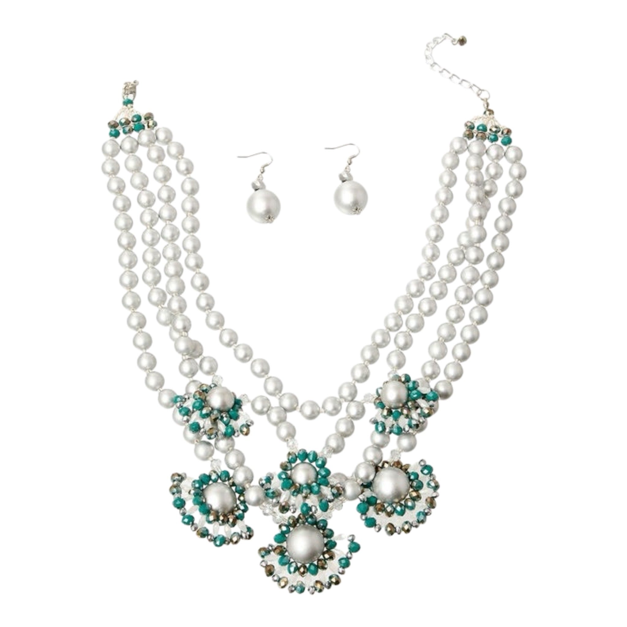 Elegant pearl and turquoise beaded necklace with matching pearl drop earrings – Jewelry Bubble jewelry sets collection hero image