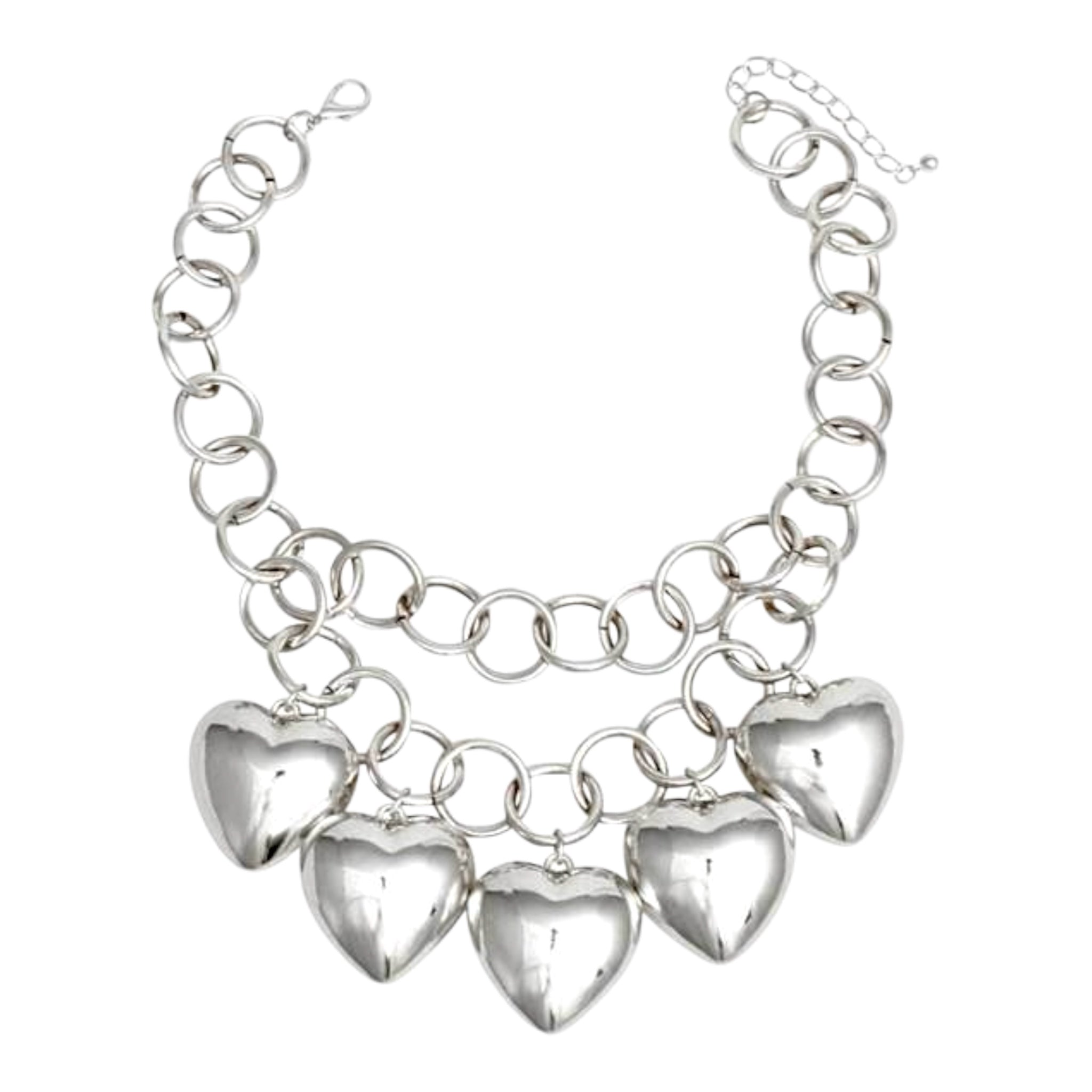 Chunky silver chain necklace with five bold metallic heart pendants – Jewelry Bubble necklaces collection hero image