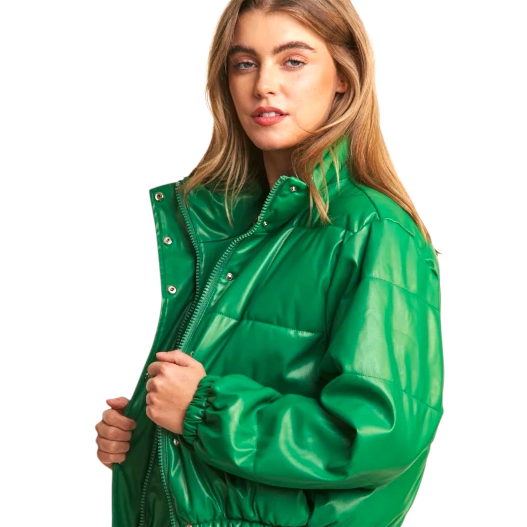 Woman wearing a vibrant green faux leather puffer jacket with zip and snap closure – Jewelry Bubble outerwear collection hero image