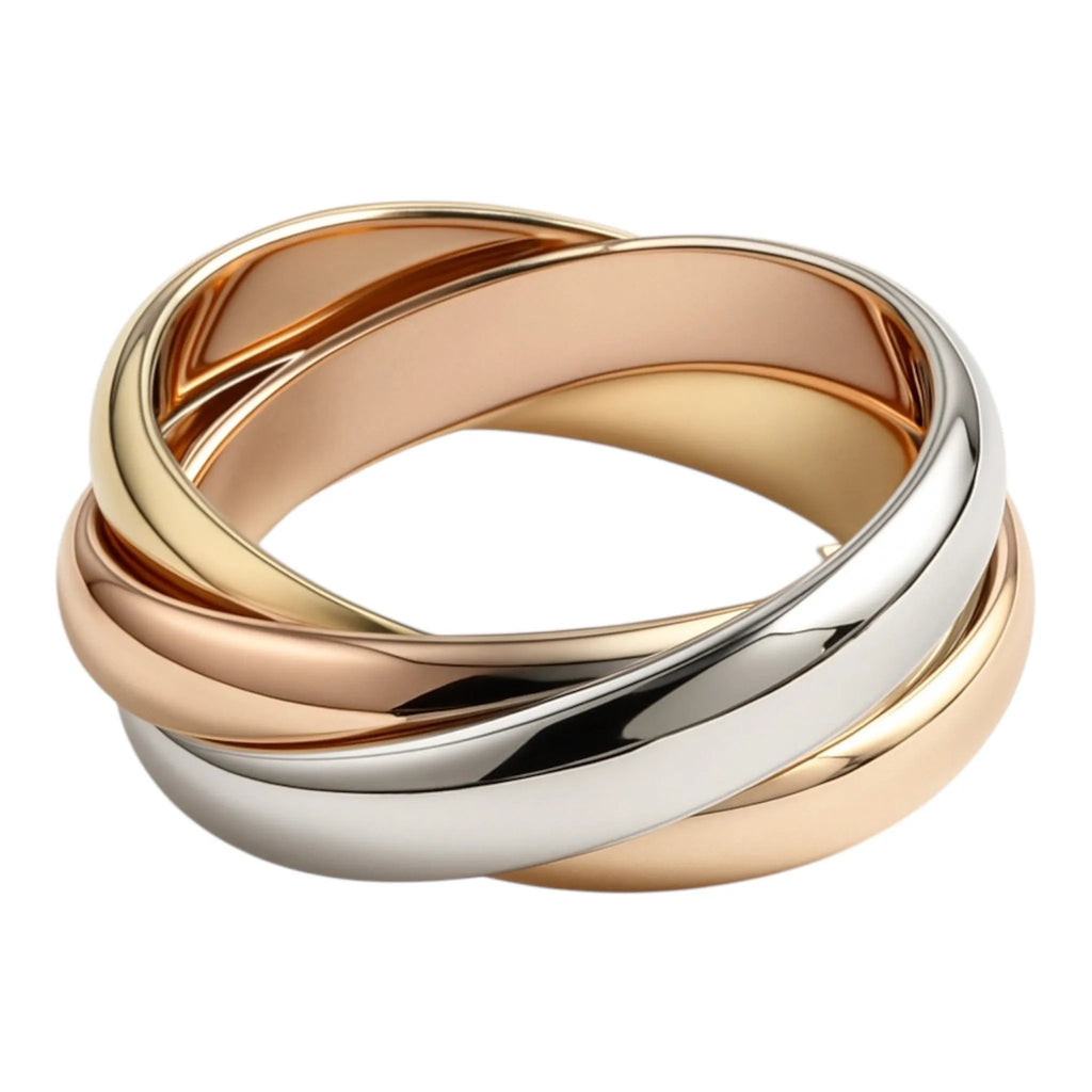Tri-color intertwined women’s ring in rose gold, yellow gold, and silver tones – elegant statement jewelry, hero image for rings collection on Jewelry Bubble
