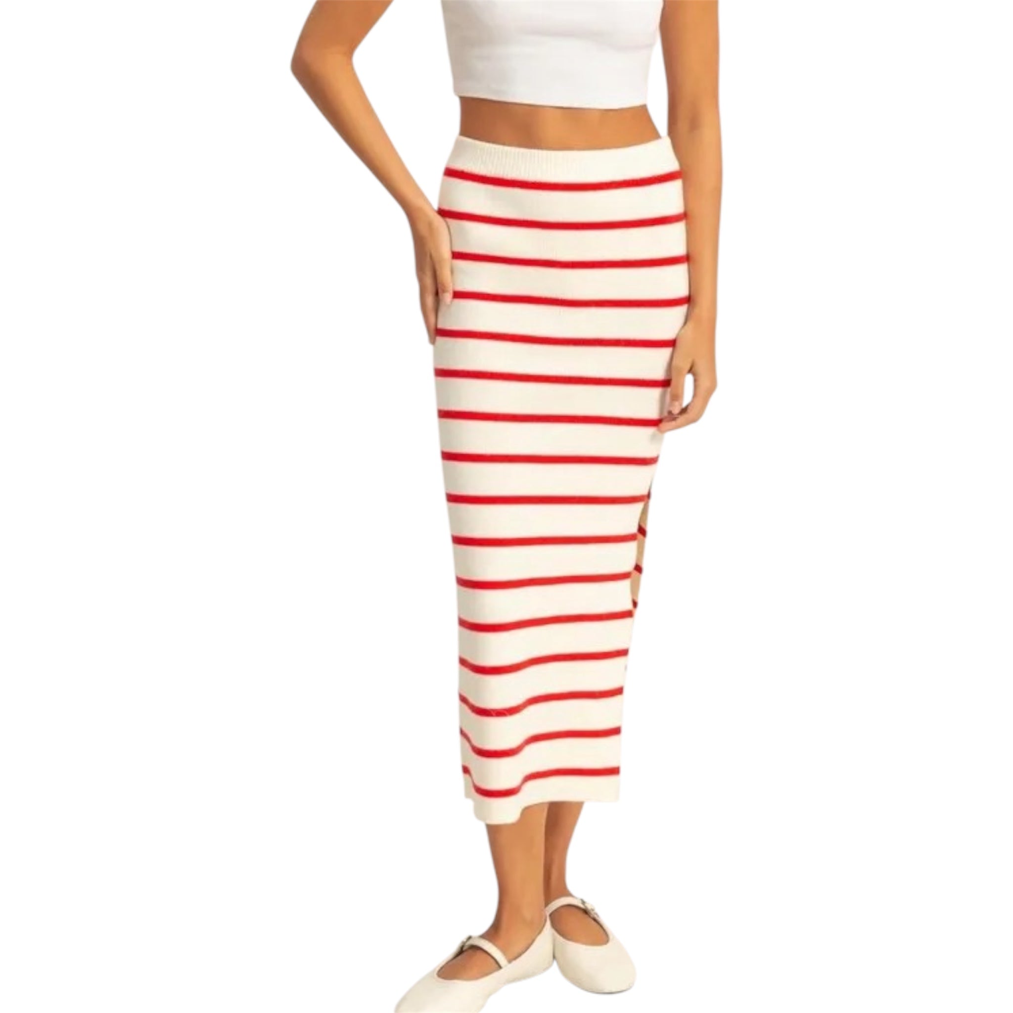 White knit midi skirt with bold red horizontal stripes, high waist, and slim fit – Jewelry Bubble skirts collection hero image