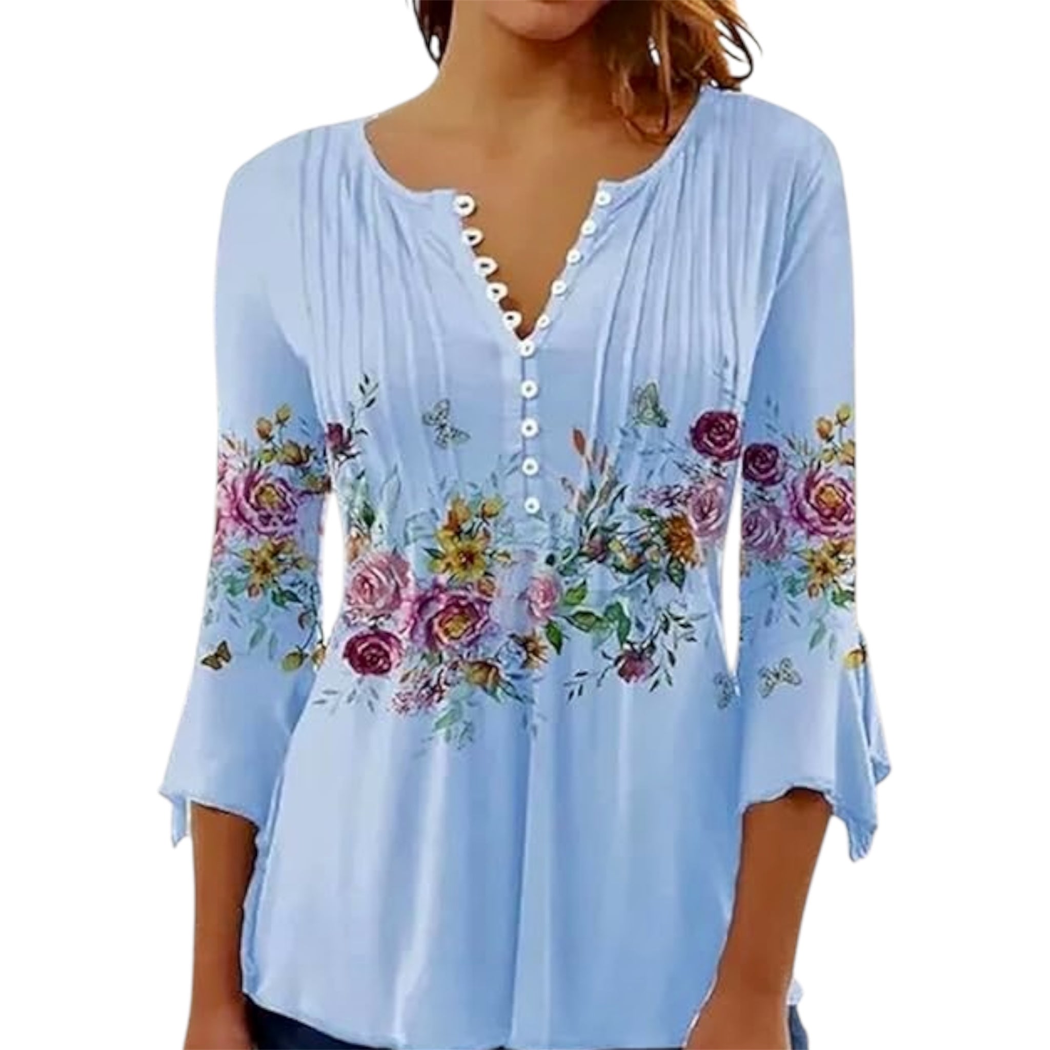 Light blue long sleeve blouse with button front and vibrant floral print across chest and sleeves – Jewelry Bubble tops collection hero image