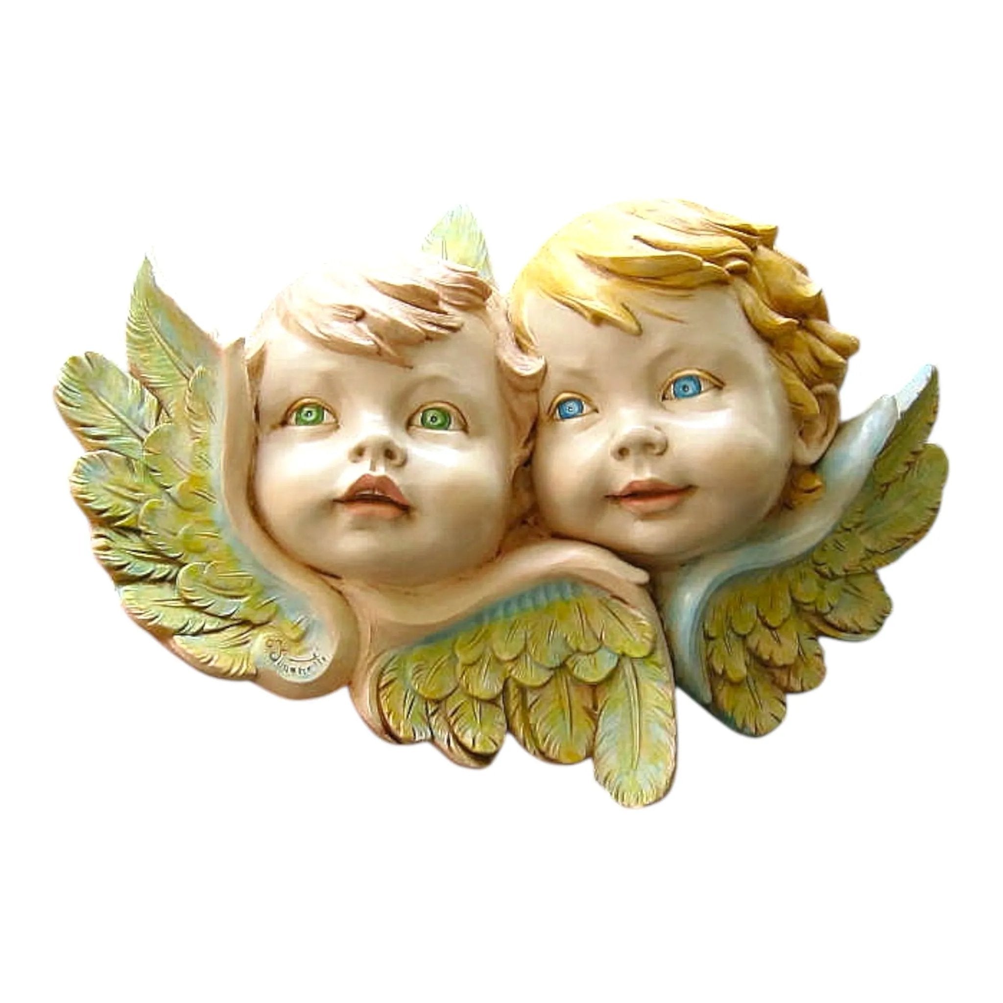 Vintage wall plaque featuring two cherubs with yellow hair and detailed green and blue feathered wings – Jewelry Bubble vintage collectibles collection hero image