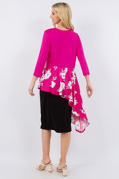 Hot Pink Floral Asymmetrical Hemline Round Neck Top Trendsi