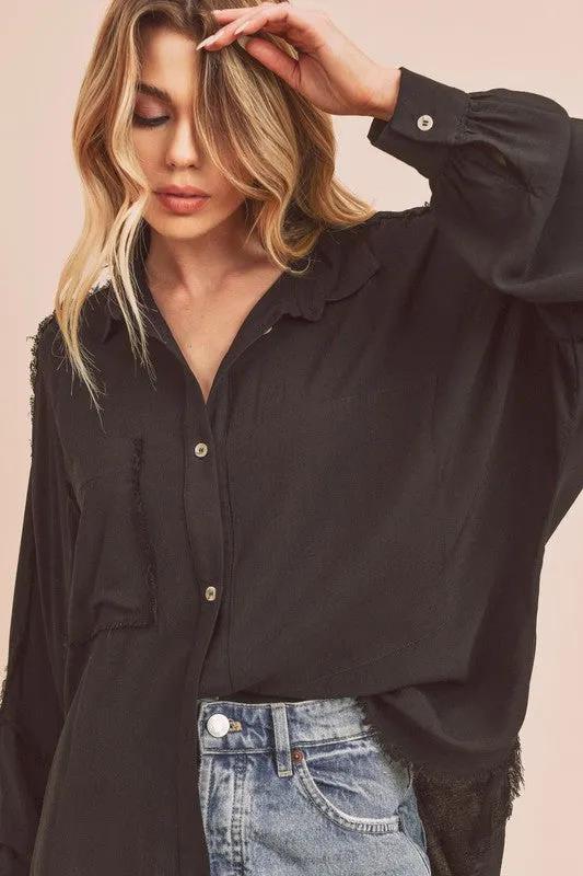 Raw Edge Exposed Seam Collared Black Shirt - Modern Design for Women