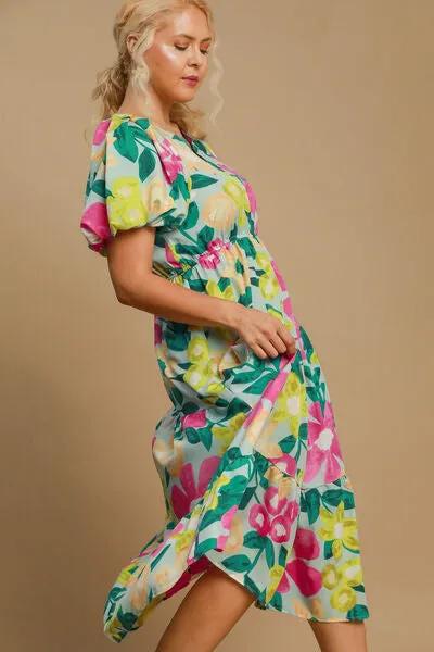 Tiered Multicolor Floral Print Notched Puff Sleeve Midi Dress – Shop the 2025 Style Trend