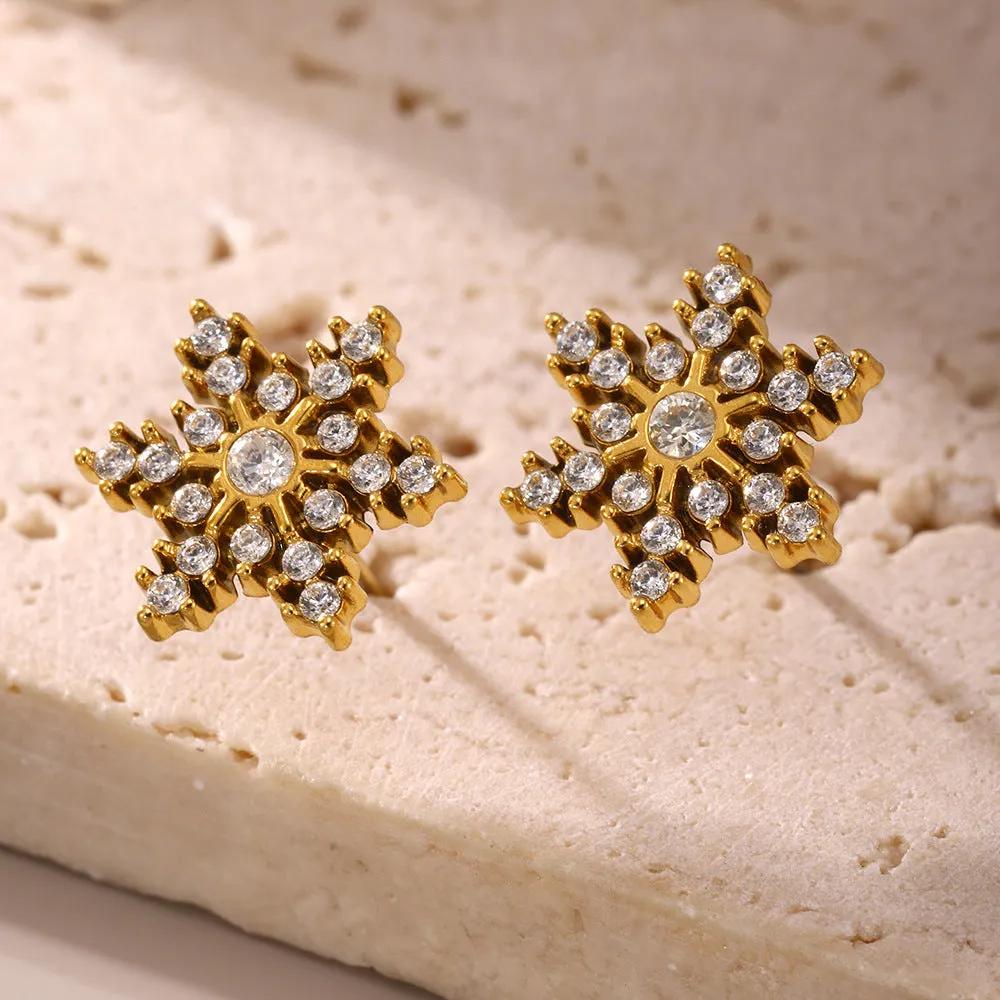 Jewelry Bubble 18K Gold-Plated Snowflake Stud Earrings with Zircon – Multicolor or Clear, Stainless Steel