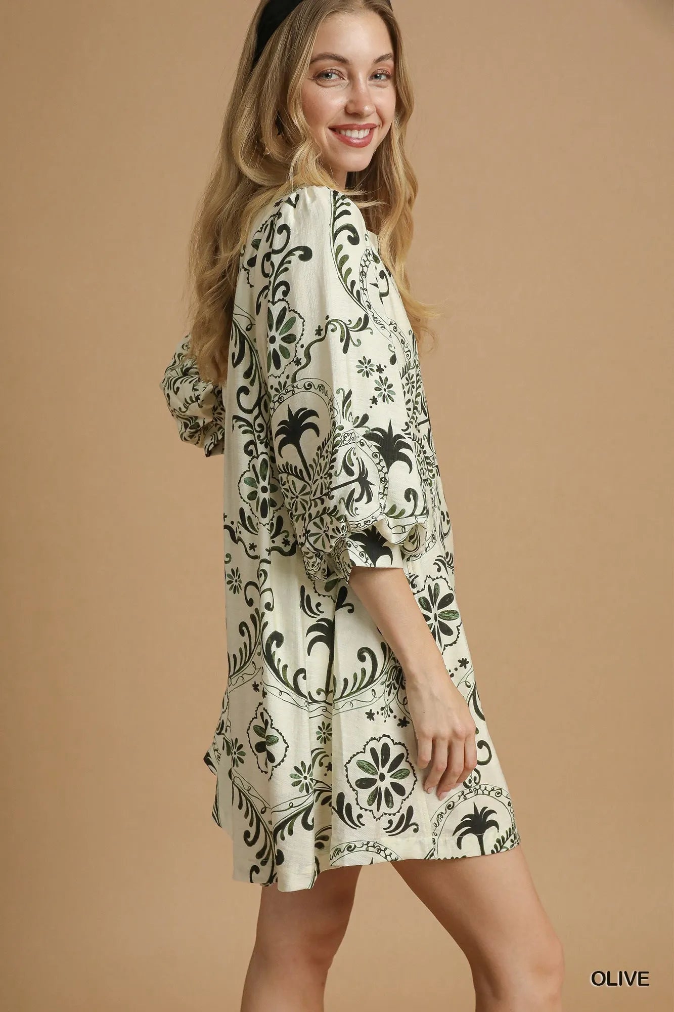 Umgee Boho Printed Balloon Sleeve Mini Dress