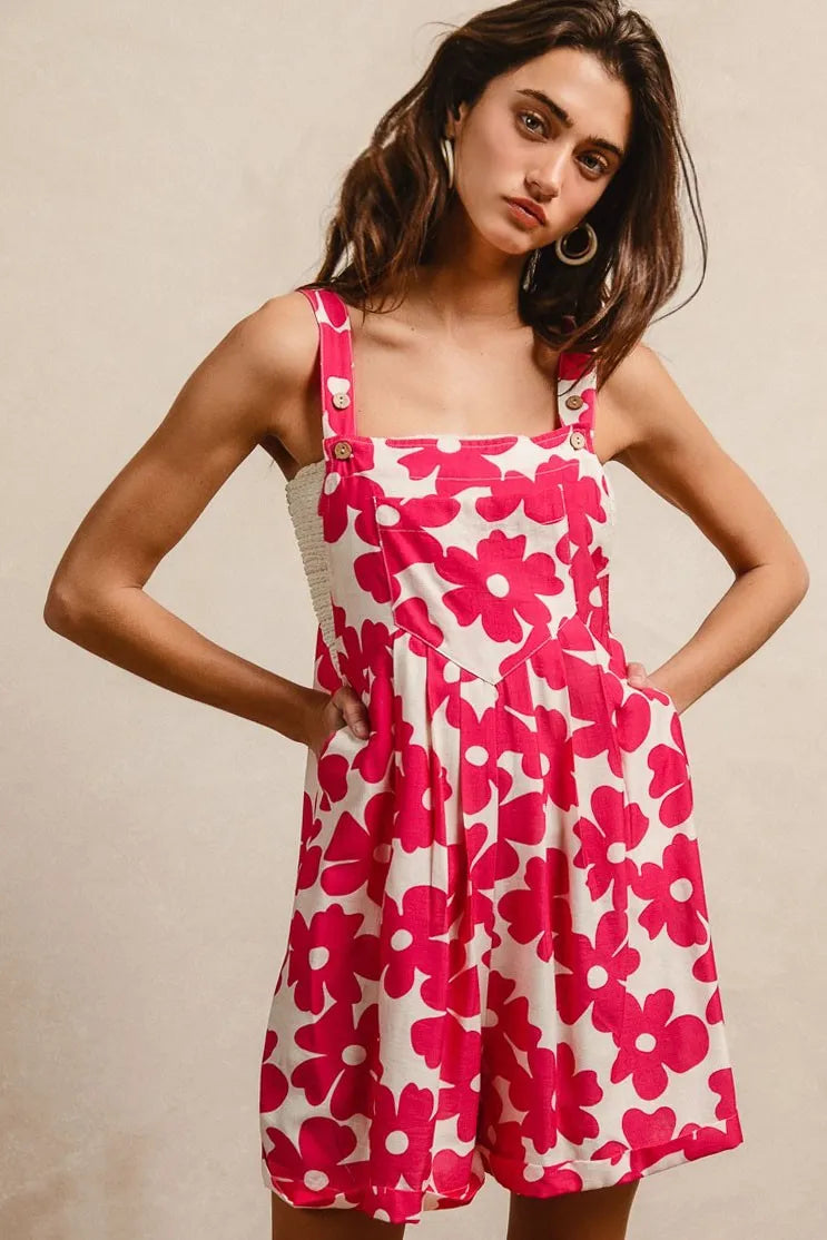 BiBi Floral Prints Tuck Detail Short Overall With Pockets