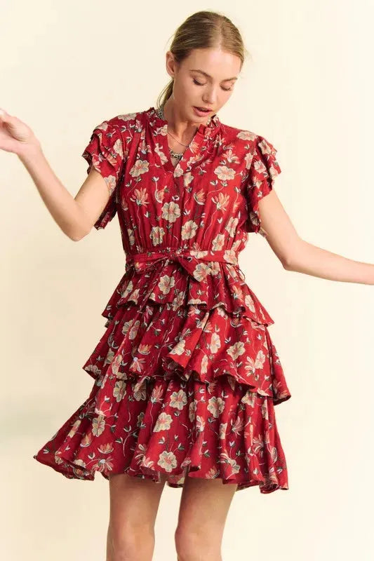 Ruffle Flutter Sleeve Tie Belt Tiered Mini Dress for Effortless Elegance