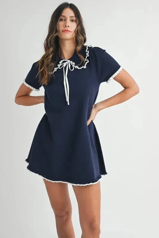 Ruffle Trimmed Collar Fine Knit Mini Dress – Sophisticated & Chic
