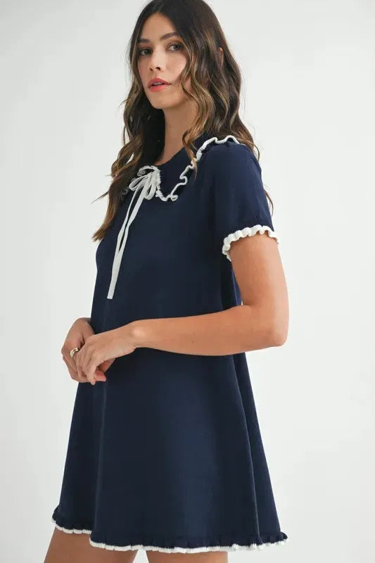 Ruffle Trimmed Collar Fine Knit Mini Dress – Sophisticated & Chic