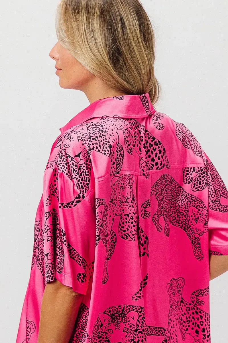 Fuchsia Leopard Print Satin Shirt Top – Trendy Women’s Fashion Statement