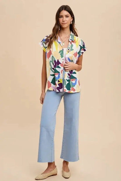 Multicolor Button Down Top with Pleated Shoulders – Vibrant Statement Piece Jewelry Bubble