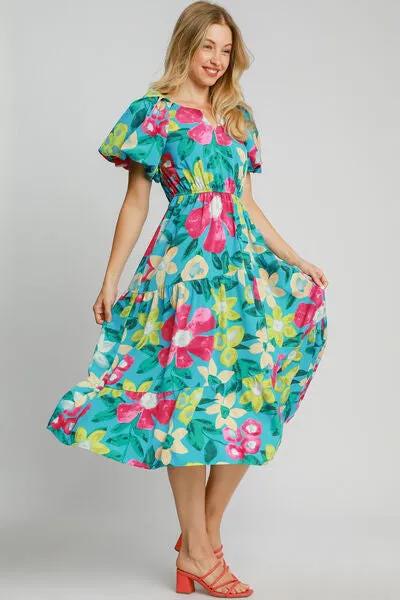 Stunning Tiered Multicolor Floral Midi Dress With Puff Sleeves - Perfect for Spring/Summer Occasion