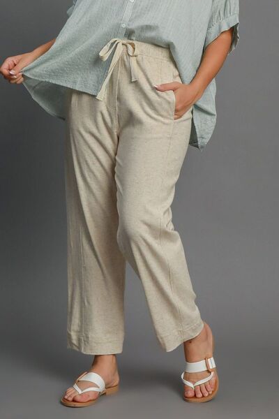 Drawstring Elastic Waistband Linen Blend Pants Trendsi