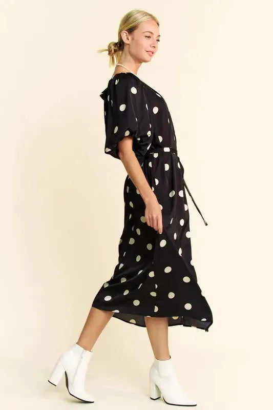 Polka Dot Puff Sleeve Waist Tie Midi Dress – A Timeless Feminine Staple