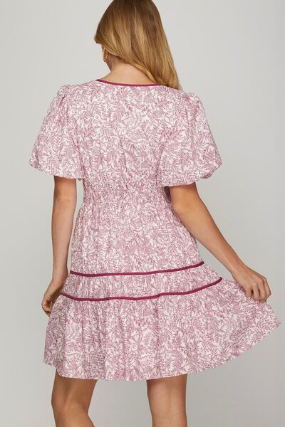 Printed V-Neck Puff Sleeve Tiered Dress Trendsi