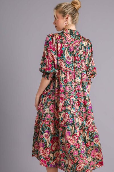 Paisley Print Satin Tiered Midi Dress Trendsi