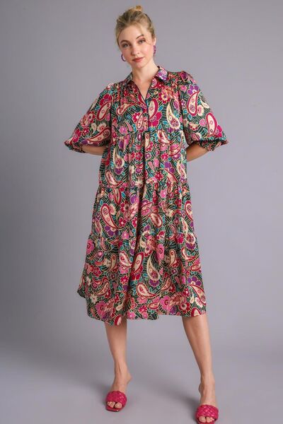 Paisley Print Satin Tiered Midi Dress Trendsi