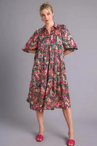 Paisley Print Satin Tiered Midi Dress
