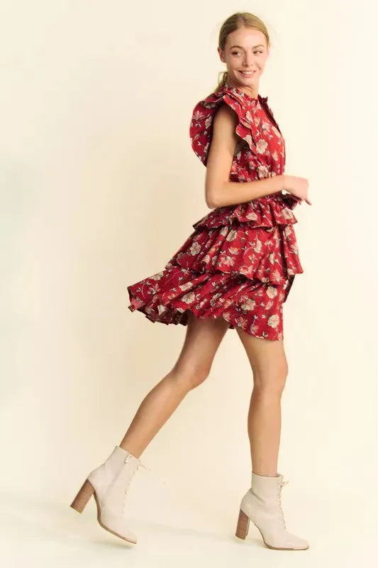 Ruffle Flutter Sleeve Tie Belt Tiered Mini Dress for Effortless Elegance