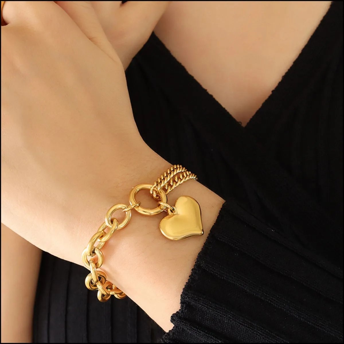 Heart Charm Double Twist Chain Bracelet