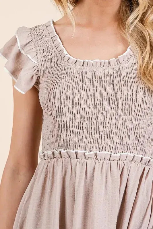 Make a Statement: Ruffle Trim Smocked Dress with Contrast Design in Taupe Color