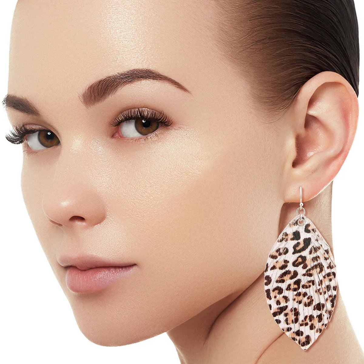 Genuine Leather White Leopard Feather Earrings - Statement Drop Design