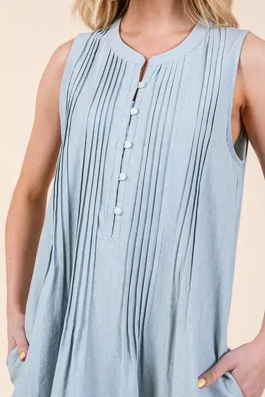 Denim Pintuck Detail Sleeveless Midi Dress with Pockets – Timeless & Versatile Style