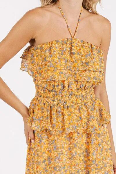 Flowy and Feminine: Ruffled Smocked Floral Halter Neck Maxi Dress