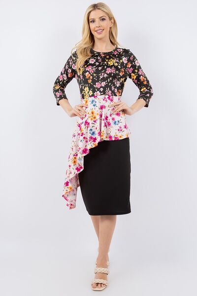 Multicolor Floral Asymmetrical Hemline Round Neck Top Trendsi